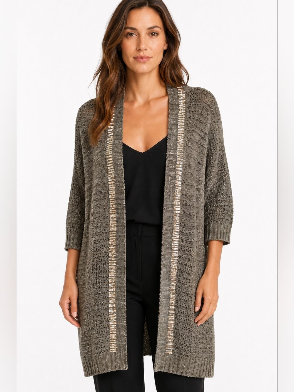 Chico's Olive Green Open-Front Cardigan with Sequined Trim duster long chic